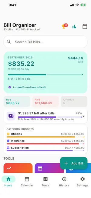 Bill Organizer home screen: $835.22 remaining to pay, 6 of 12 bills paid, category budgets