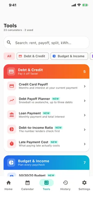Tools hub with 23 money calculators