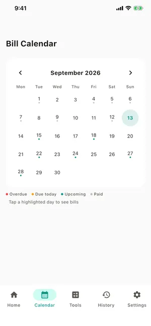 Bill Organizer bill calendar showing due dates across the month