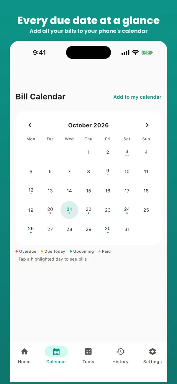 Bill Organizer bill calendar showing due dates across the month