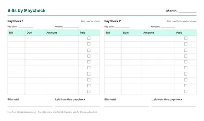 Free printable bills by paycheck (blank PDF preview)