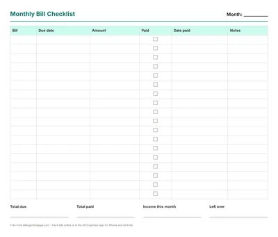 Free printable monthly bill checklist (blank PDF preview)
