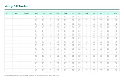 Free printable yearly bill tracker (blank PDF preview)